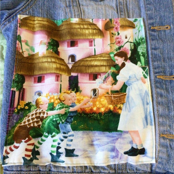 Upcycled denim jacket  decorated with vintage wizard of oz fabric - Picture 3 of 7